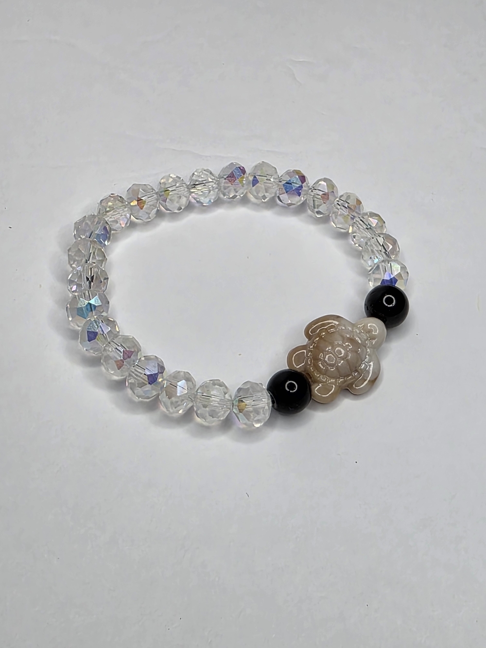Turtle Crystal Bead Stretch Bracelet with Black Obsidian